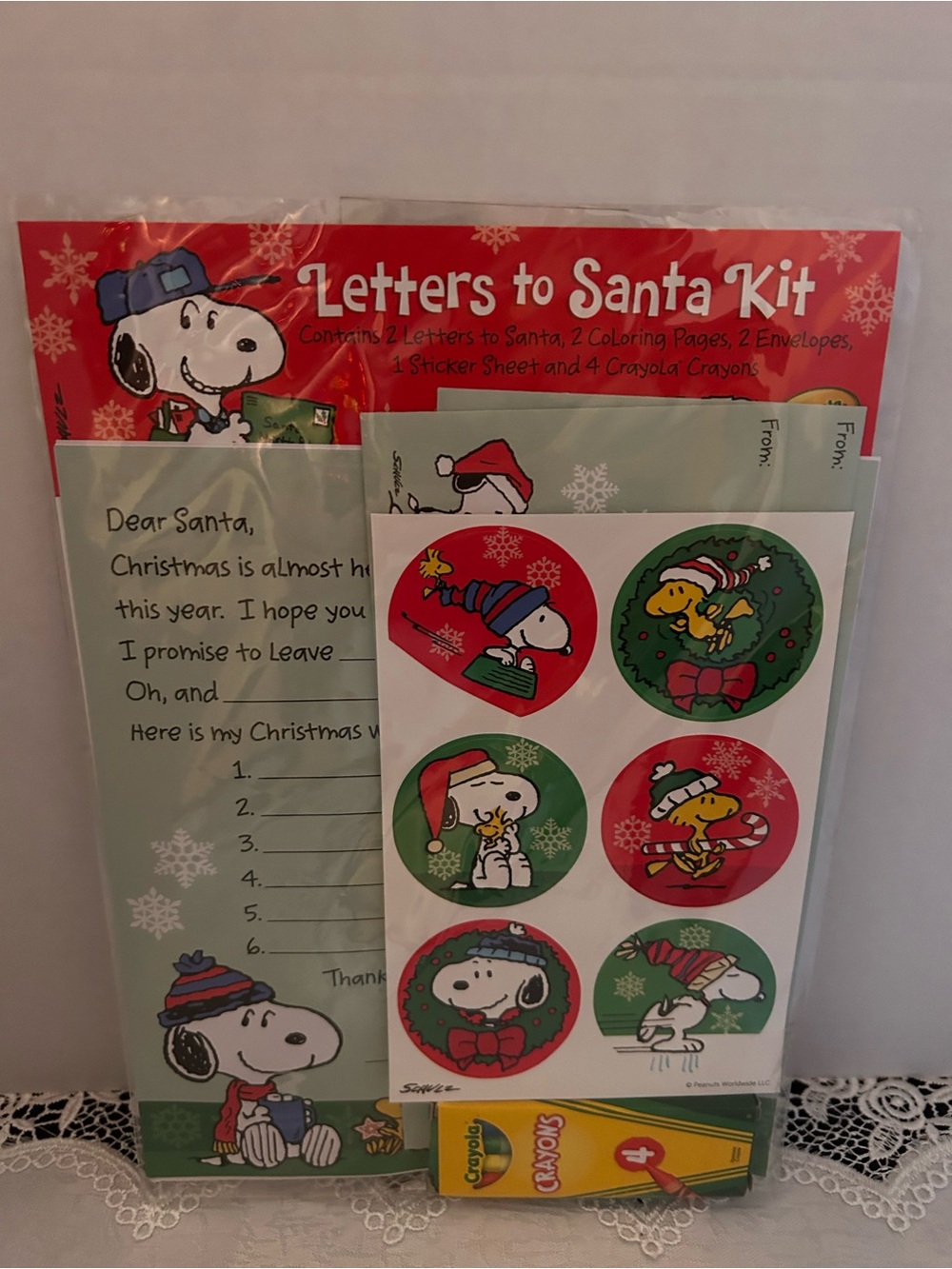 Peanuts Letter to Santa Kit with Envelopes Stickers Crayons Coloring Sheets New